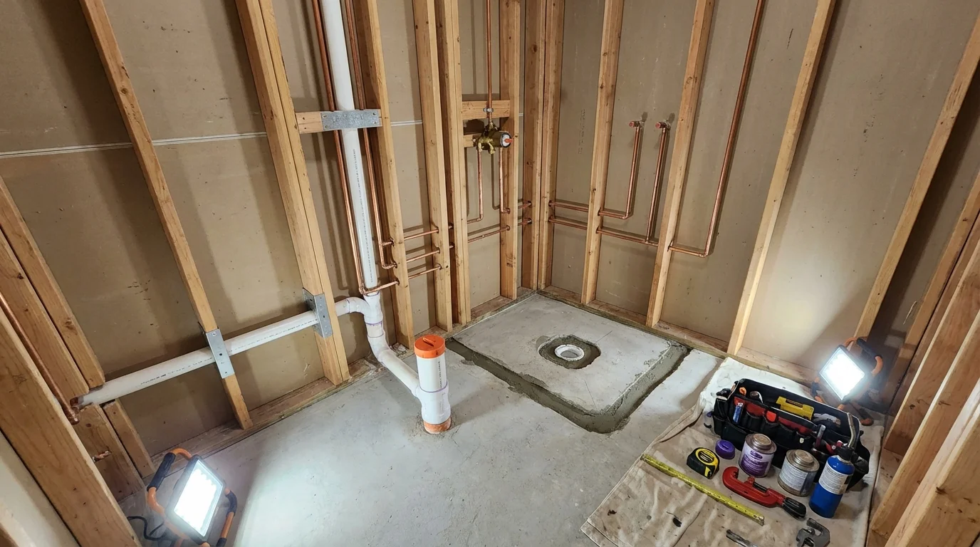 Bathroom rough-in plumbing during remodel by Johns Plumbing LLC in Houma