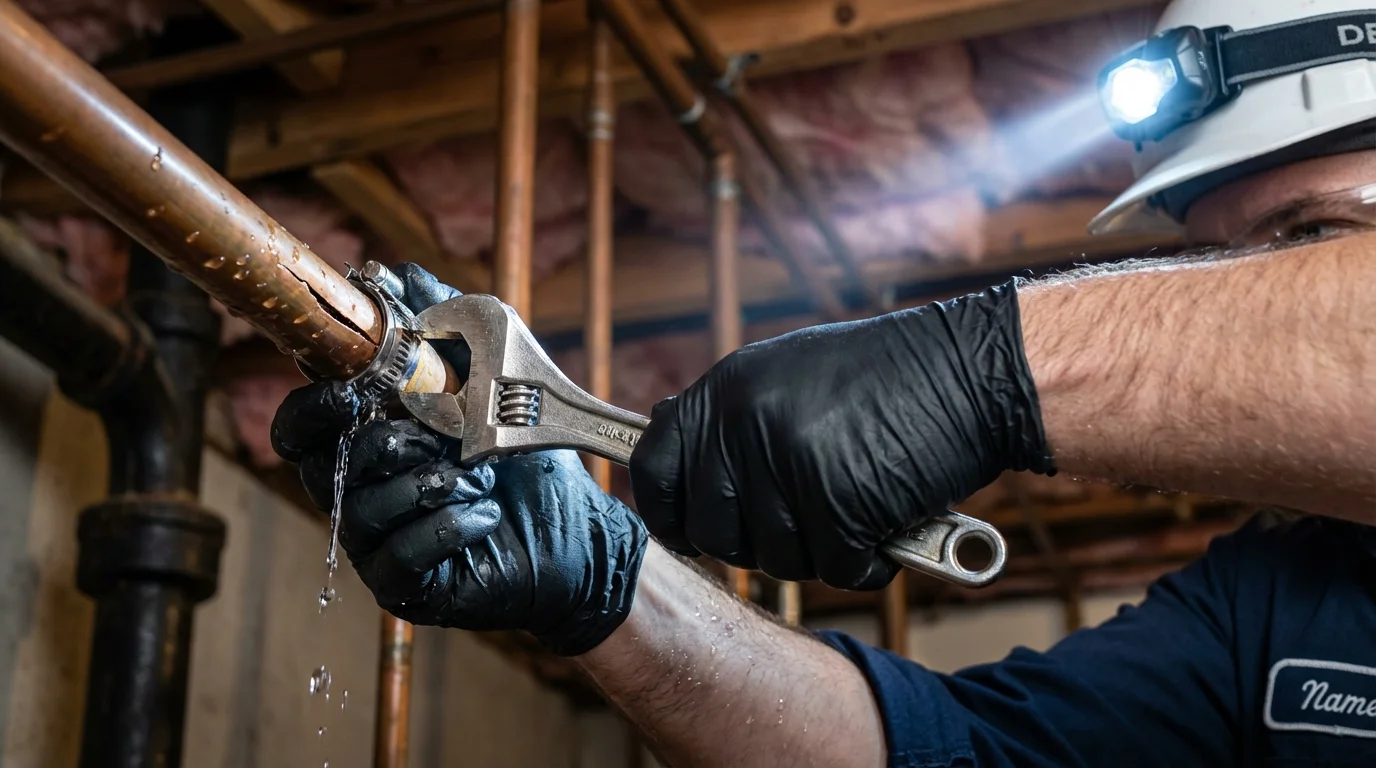Emergency pipe clamp repair being performed by a Johns Plumbing LLC plumber in Houma
