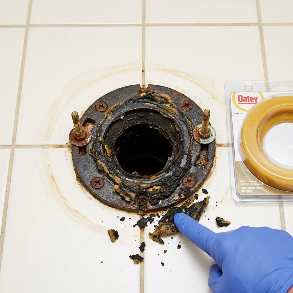 Failed wax ring showing water seepage at the base of a toilet in a Houma, LA home