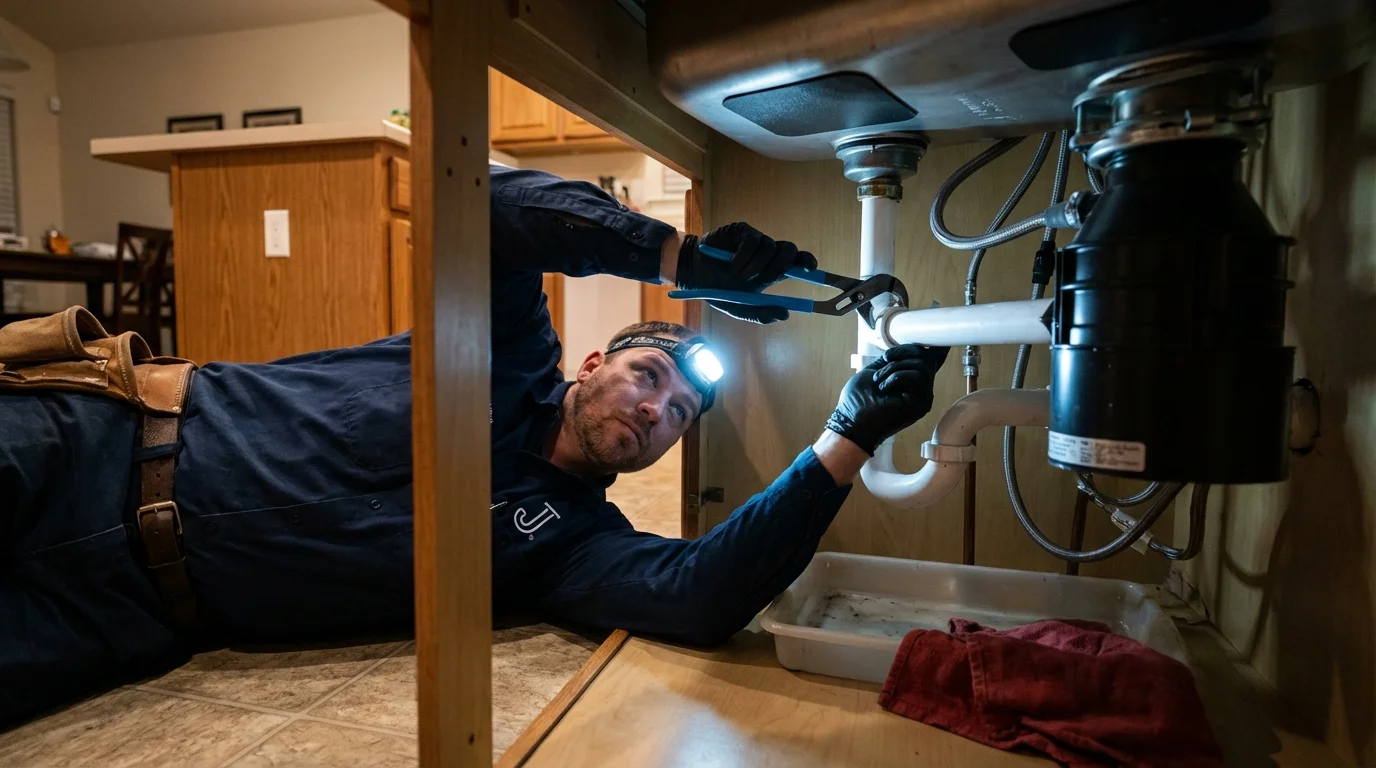 P-trap and supply line connections under a kitchen sink showing a common leak point in Houma, LA